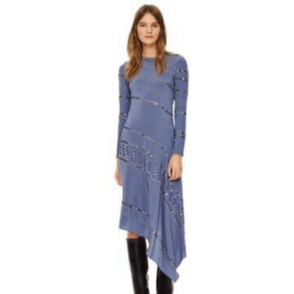 TORY BURCH 100% SILK EMBELLISHED BLUESTONE DRESS SIZE 4